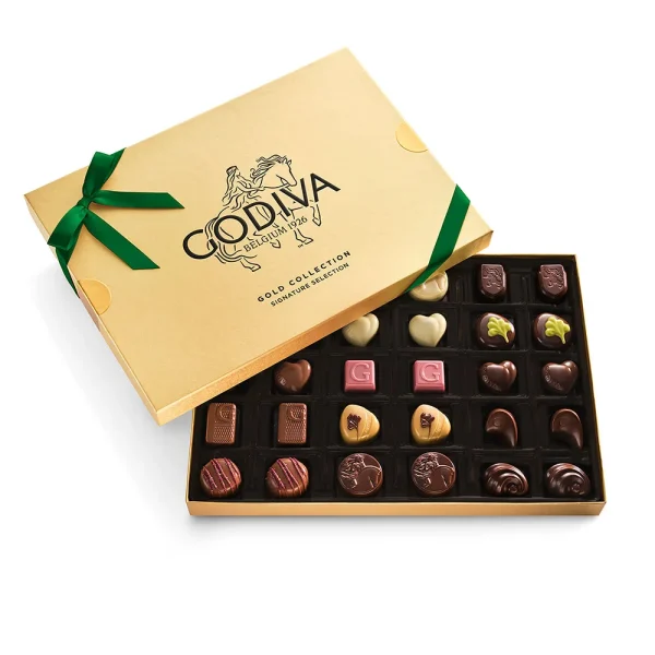 Assorted Chocolate Gold Gift Box, Green Ribbon, 30pc.