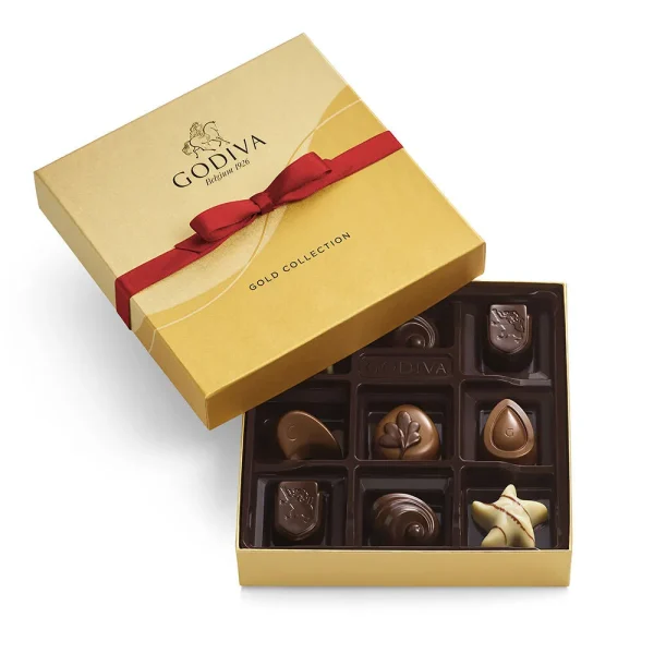 Assorted Chocolate Gold Gift Box, Red Ribbon, 9 pc.