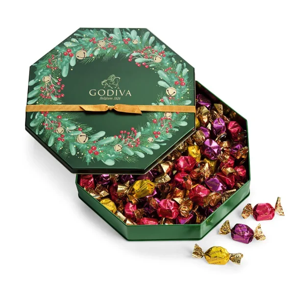 Holiday Wreath Tin Assorted Wrapped G Cube Truffles, 50 pc.