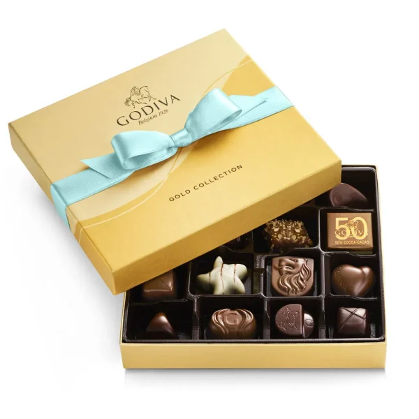 Assorted Chocolate Gold Gift Box, Aqua Blue Ribbon, 19 pc.